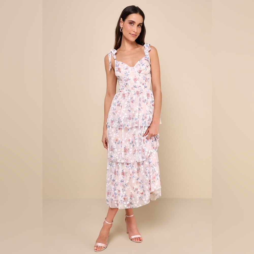 Lulus Flirtatious Radiance Blush Pink Floral Mesh Bustier Midi Dress